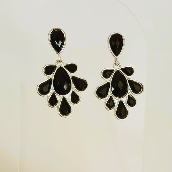 Cascading Teardrop Acrylic Drop Earrings Silver Tone & Black Post/Stud Dangle - Picture 3 of 7
